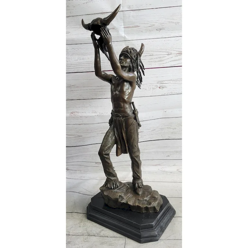 Native American Indian Shaman Medicine Man Holding Bison Skull Bronze Statue Sculpture 23 Inches X 11 Inches