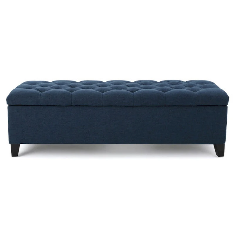 Navy Blue Velvet Button-Tufted Storage Bench with Pressure Hinge Lid