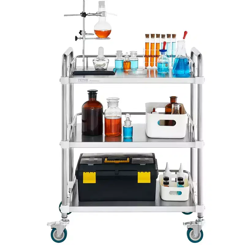 VEVOR Lab Rolling Cart, 3-Shelf Stainless Steel Rolling Cart, Lab Serving Cart , Dental Utility Cart , Lab, Hospital, Salon, 26.38x15.55x34.13