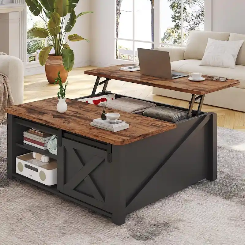 Lift Top Square Coffee Table with Barn Door Storage Shelf