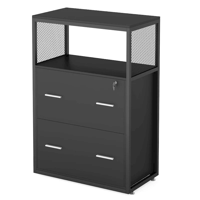 Walnut Black 2-Drawer Lateral File Cabinet with Open Shelves