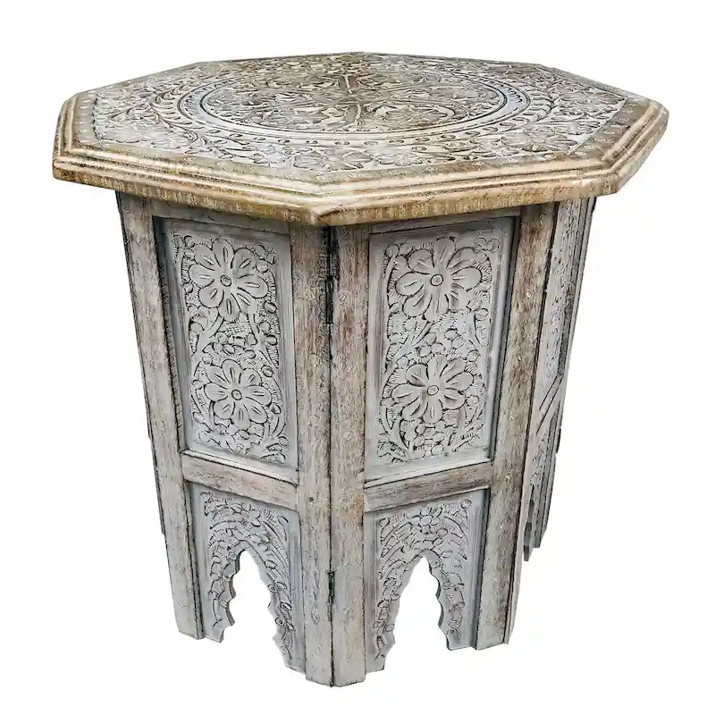 Olta 18 Inch Handcrafted Farmhouse Side Table, Engraved Carved Design, Mango Wood, Octagonal Top, Antique Brown