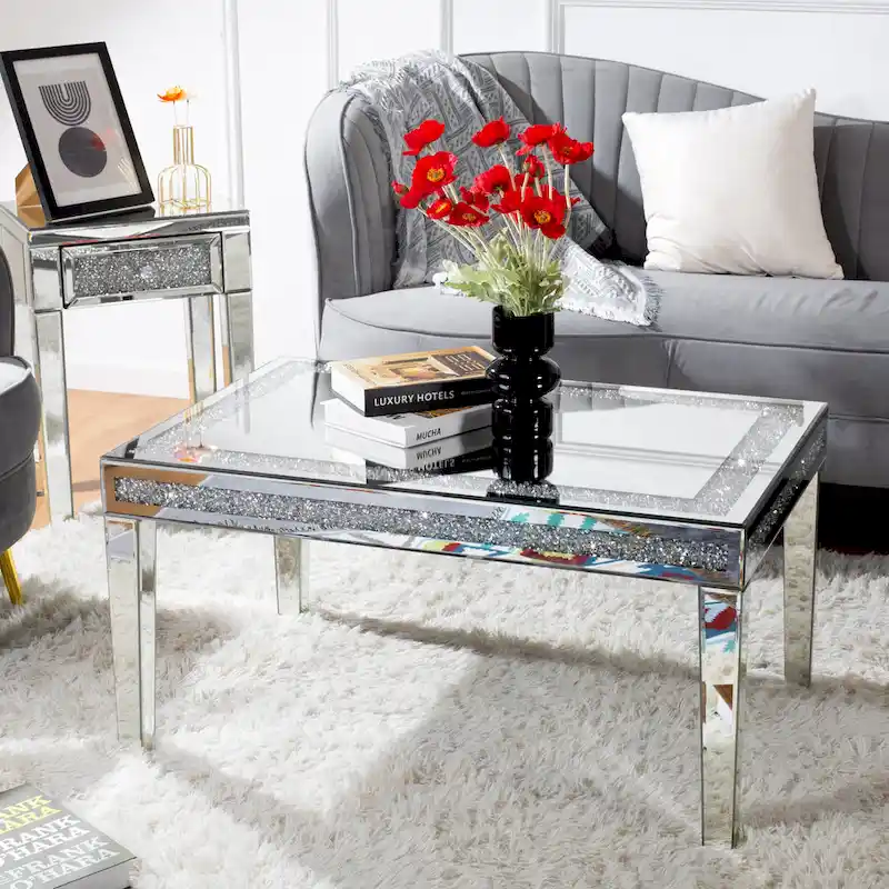 Rectangle Coffee Table with Crystal Inlay Mirrored Silver Center Table