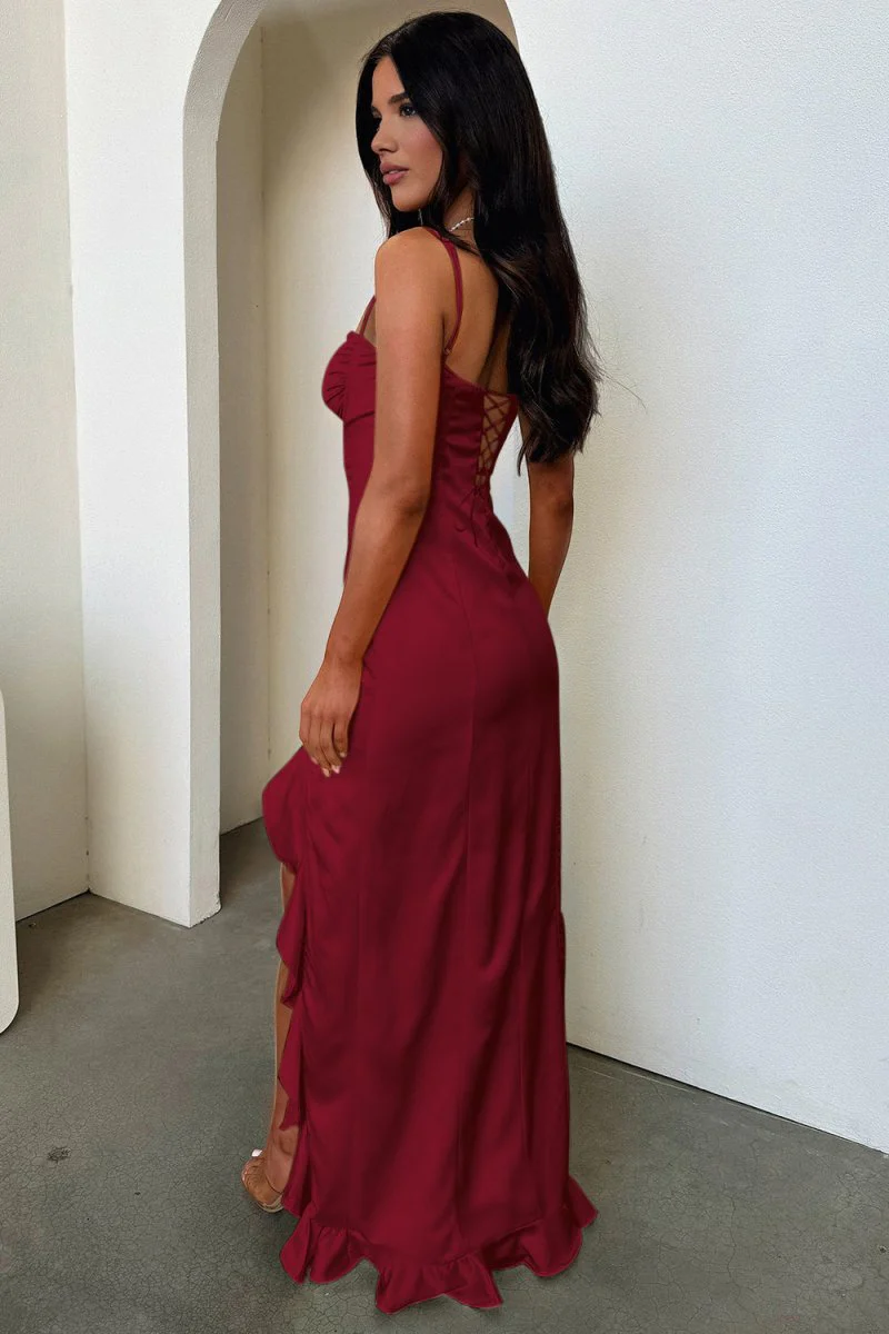 Yellow Sheath Satin Sweetheart Long Prom Dresses with Ruffles