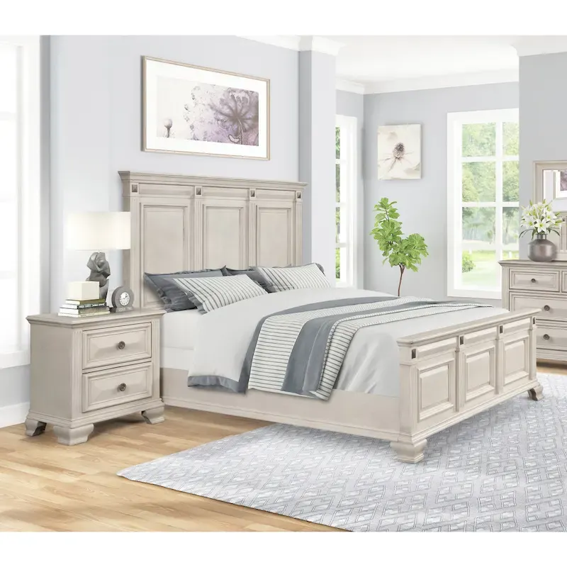 Renova 3-Piece Distressed Parchment Wood Bedroom Set, Panel Bed with 2 Nightstands