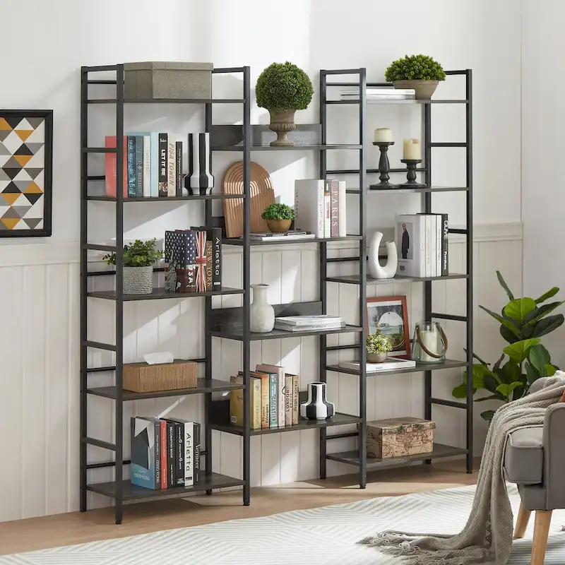 Triple Wide 5-shelf Bookshelves Industrial Retro Wooden Style Home and Office Large Open Bookshelves
