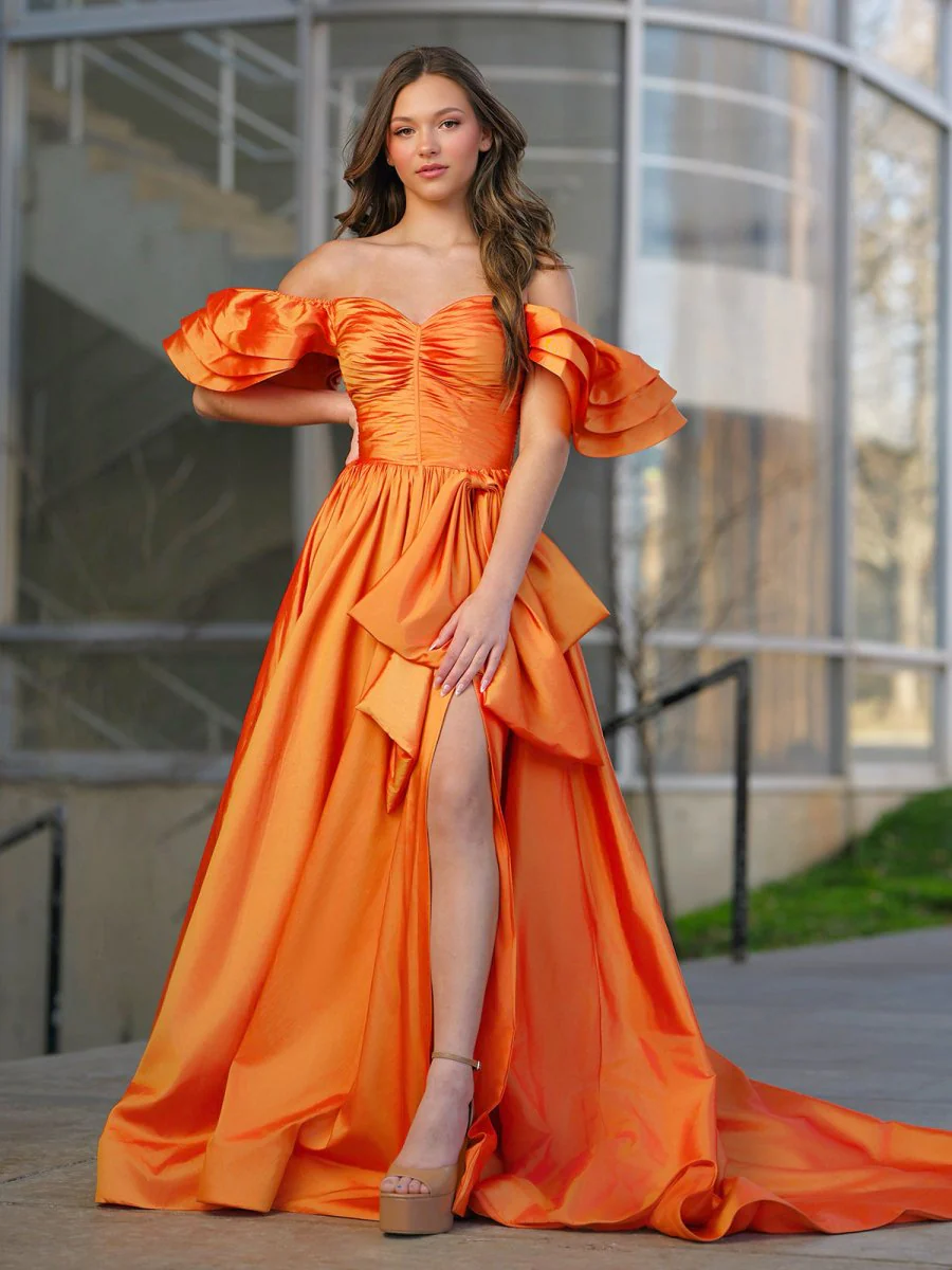 Orange Sweetheart Pleated A-Line Prom Dress With Bow