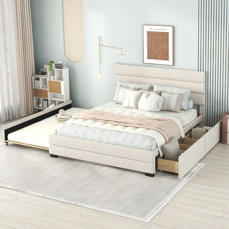 Beige/Grey Linen Upholstered Queen Platform Bed with Trundle & 2 Drawers, Sleeps 2