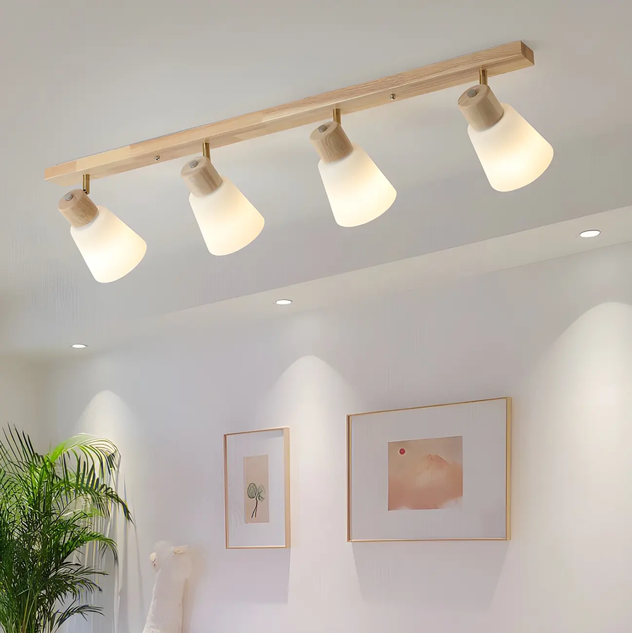 Natural Wood White Cone Glass Adjustable Semi Flush Track Light