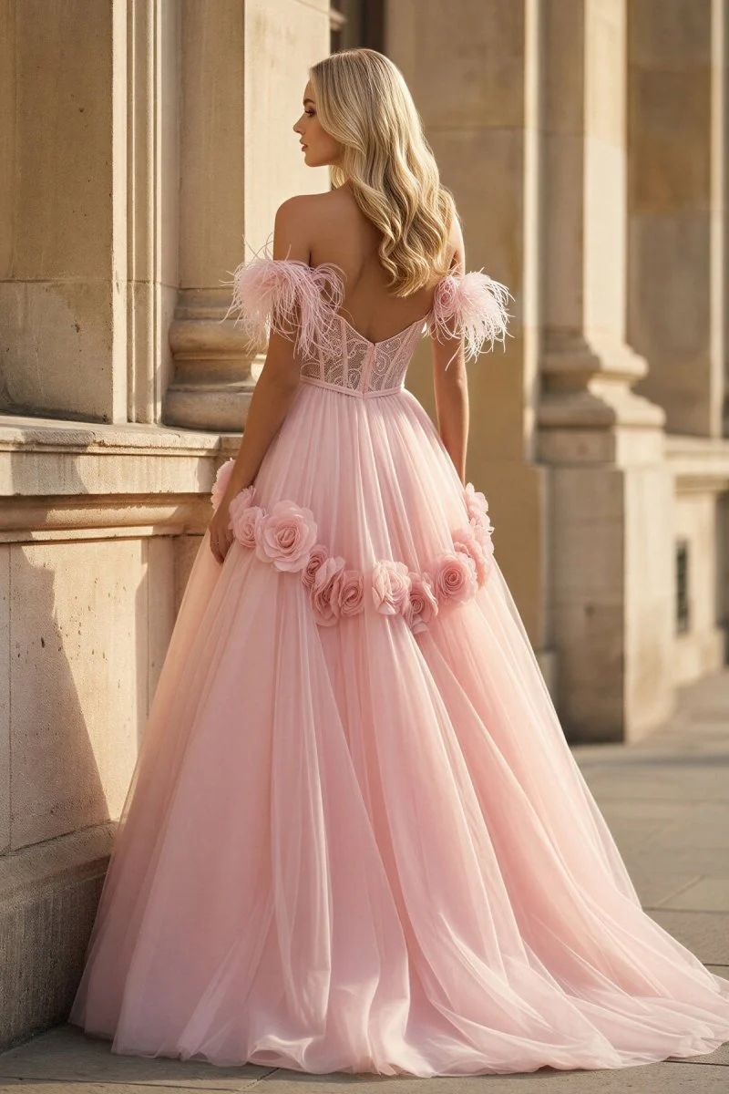PRINCESS A-LINE OFF THE SHOULDER LACE TULLE PROM DRESS