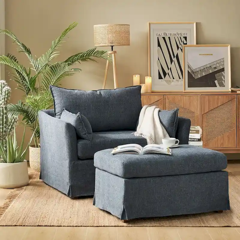 Sophie Modern Oversized Slipcovered Armchair and Ottoman with Lockable Rear Wheels by HULALA HOME