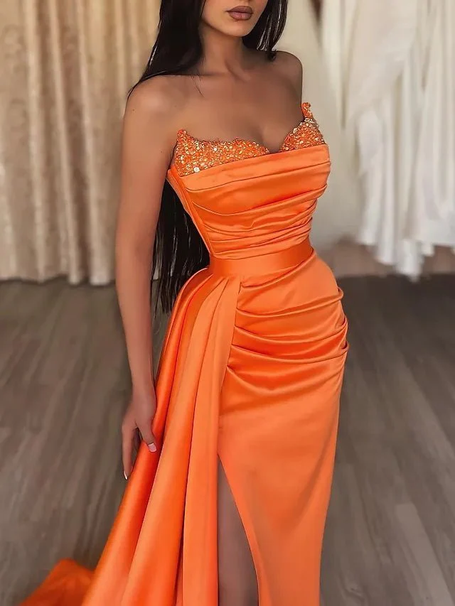 Mermaid Evening Gown Sexy Dress Prom Court Train Sleeveless Strapless Satin with Slit Pure Color
