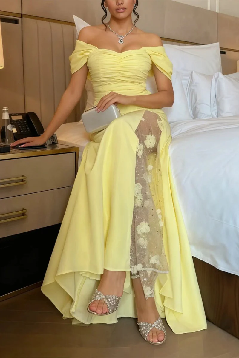 Yellow Mermaid Off The Shoulder Satin Long Prom Dresses With Flowers