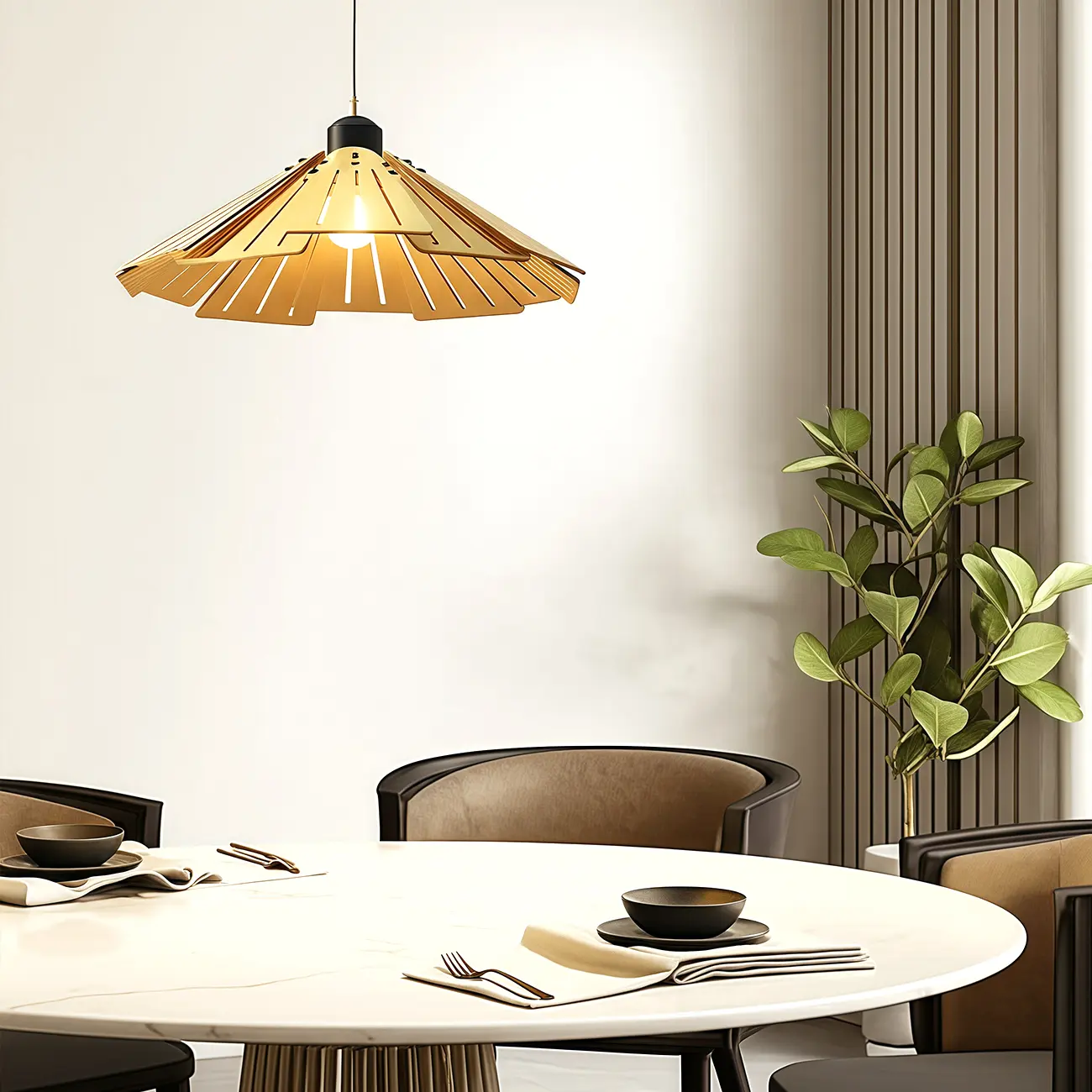 Modern Flexible Round Pendant Light in Solid Wood and Metal