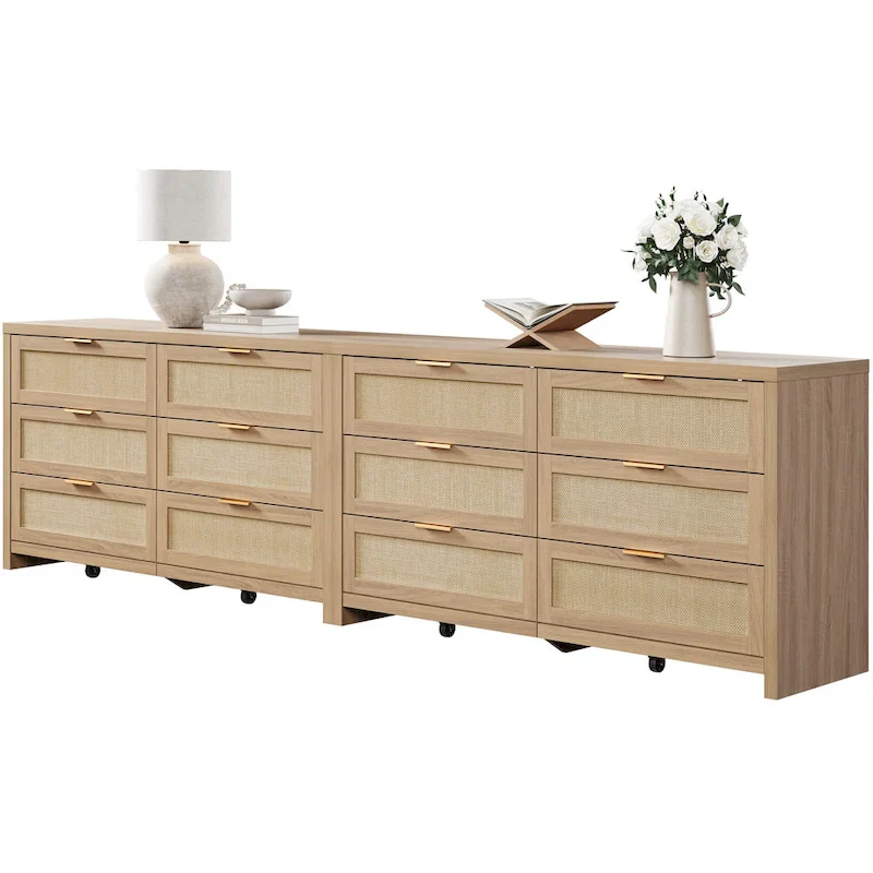 Set of 2 Elegant Right Angled Dresser with 6 Rattan Woven Drawers