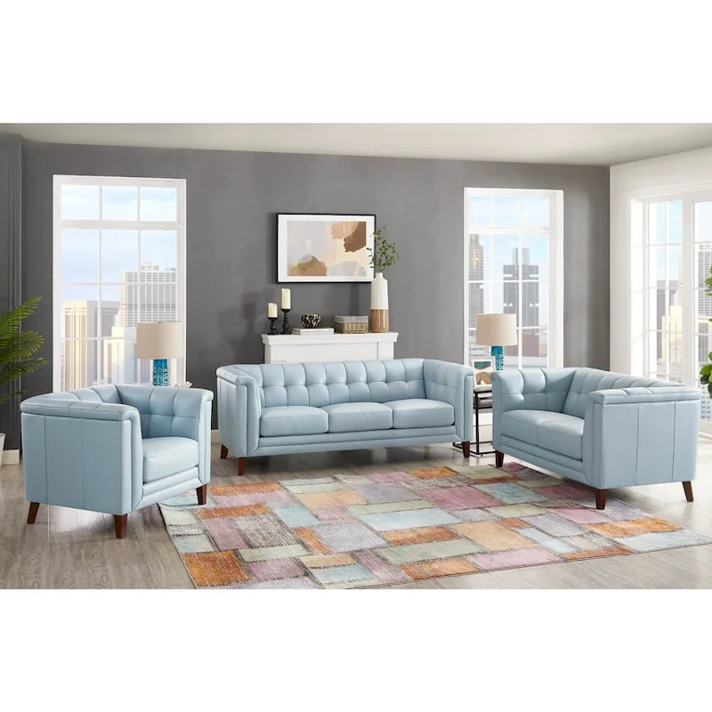 Hydeline Arvo Top Grain Leather Sofa Loveseat and Chair Set with Feather, Memory Foam and Springs