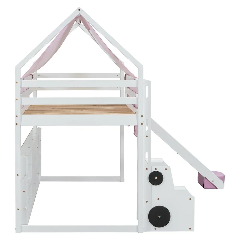 House-shaped Wooden Loft Bed with Tent, Slide, Ladder and Shelves