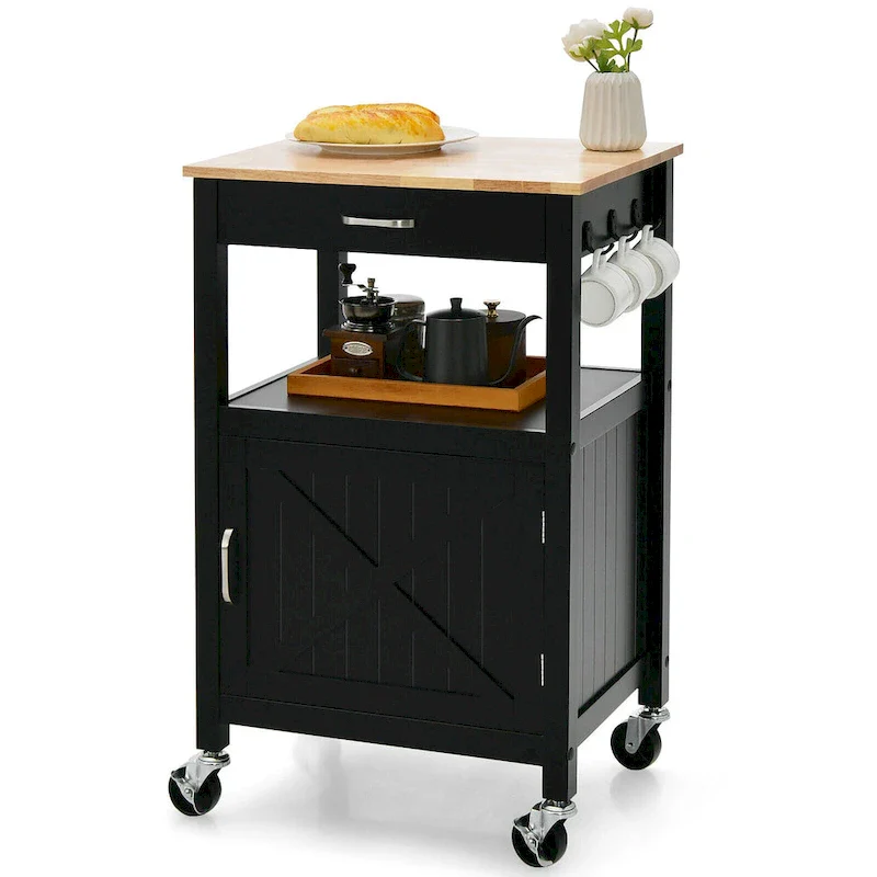 Black / White Rolling Kitchen Island Cart, Barn Door Style