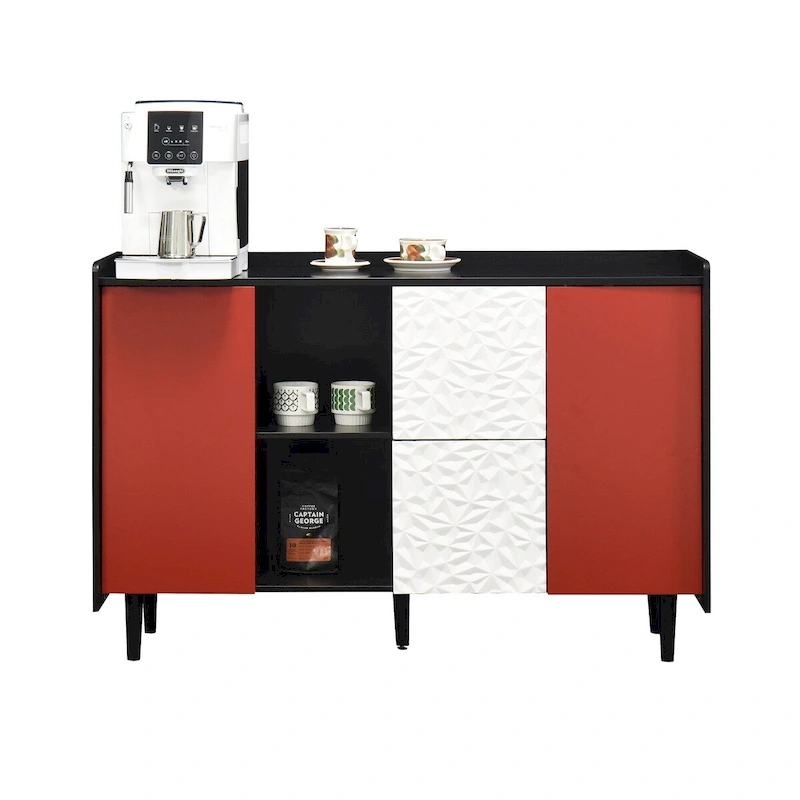 Sideboard Buffet Cabinet, Storage Cabinet with Red Doors, 2 Drawers with unique panel styling and 2 Open Storage Compartment
