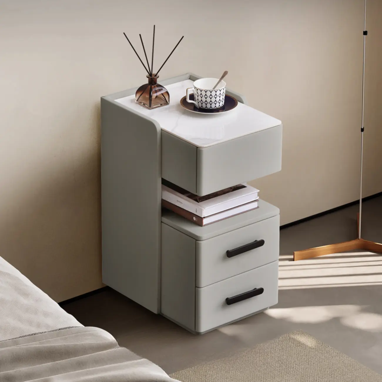 Compact Stone-Top Wooden 4-Tier White Nightstand