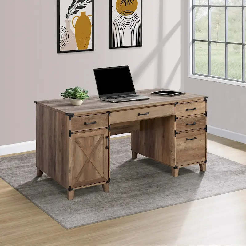 Farmhouse Pedestal Desk, X-Cross Cabinet Door, File Drawer, Keyboard Tray, Cable Management, Rustic Oak / Black, 1 Person