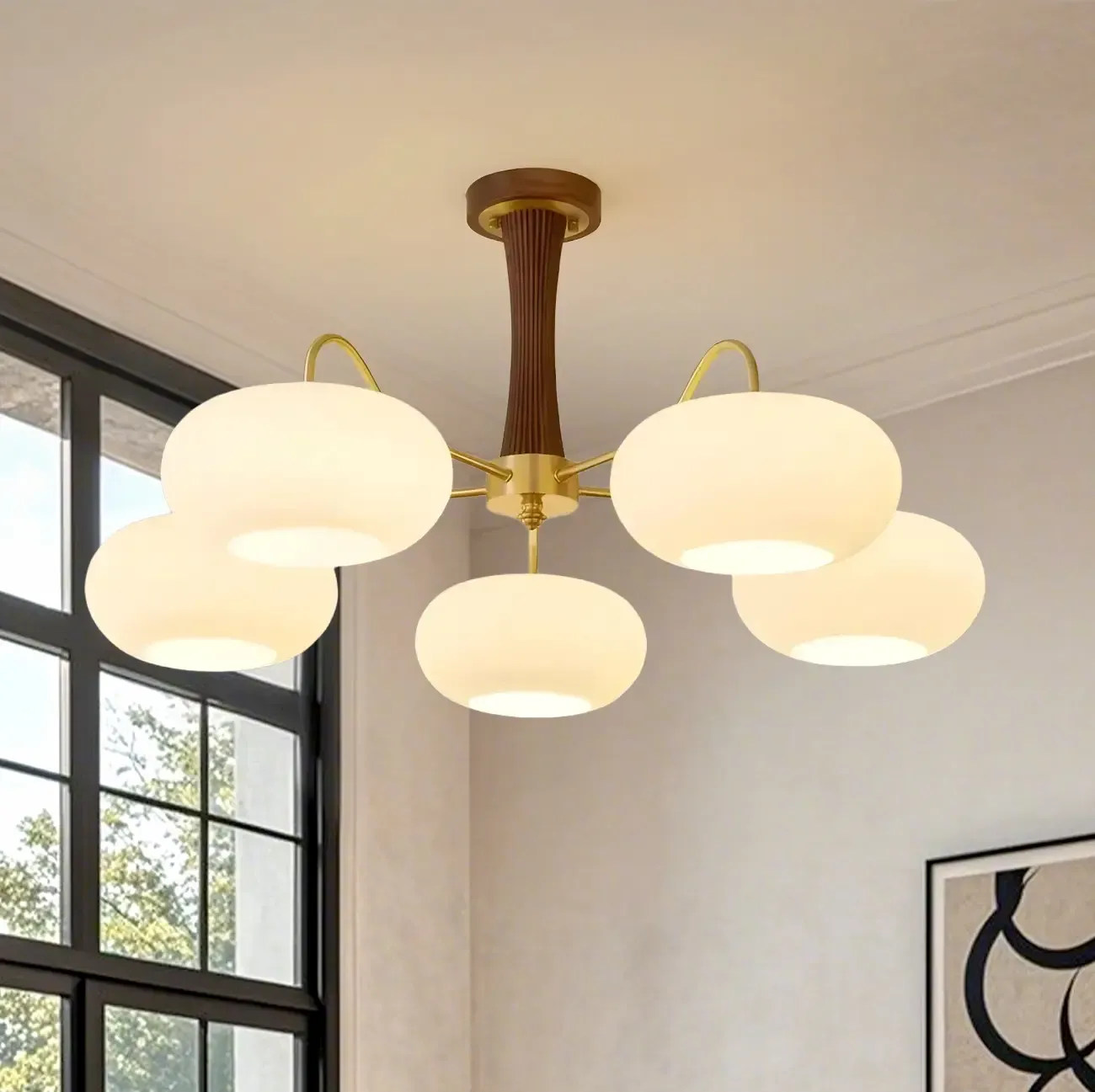 Classic Large Glass Drum Walnut Wood Semi Flush Ceiling Light