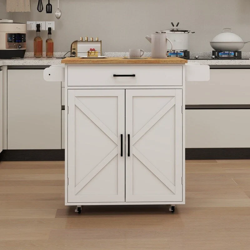 Kitchen Island Rolling Trolley Cart with Adjustable Shelves & Rubber Wood table top