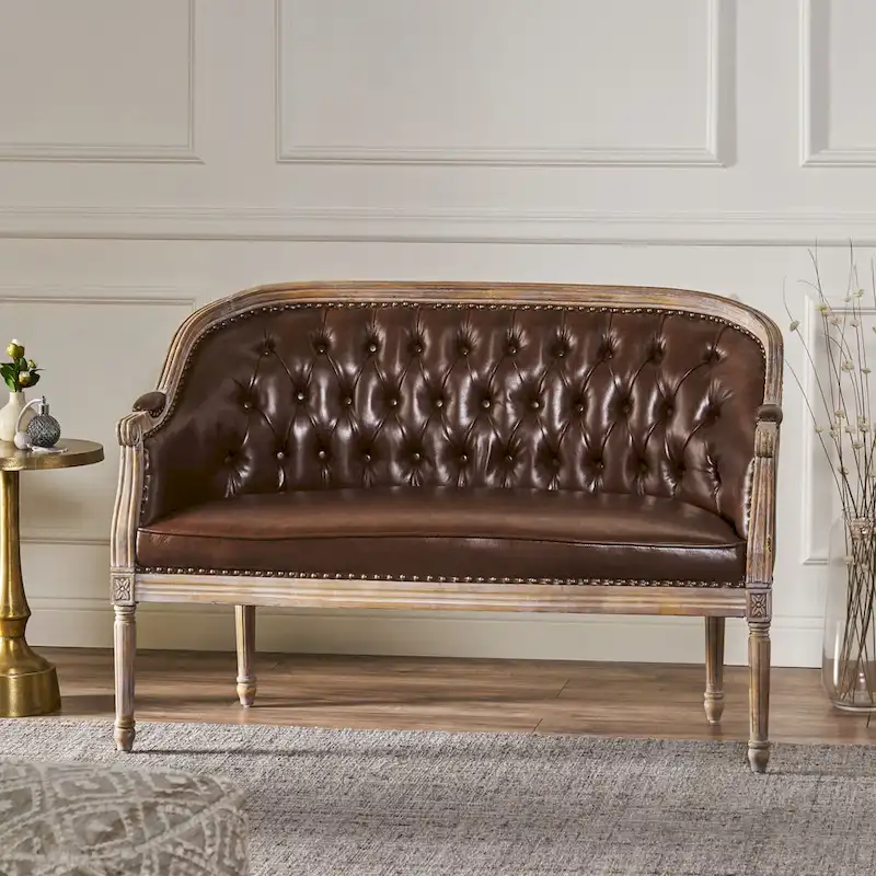 Button-Tufted Upholstered Loveseat with Scrolled Arms and Nailhead Trim