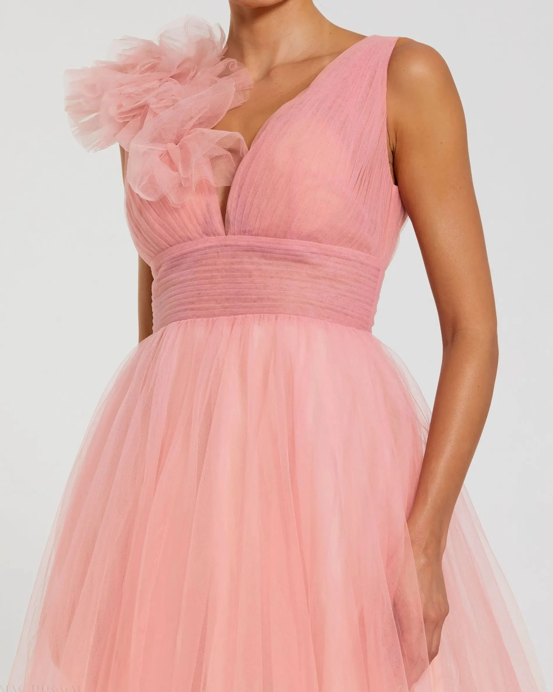 Pink Ruffle Shoulder V Neck Ombre Tulle Ballgown