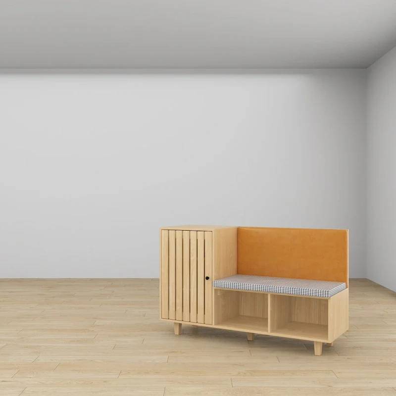 Natural Wood Finish Shoe Cabinet with Houndstooth Bench Seat & PU Backrest – 1-Seat