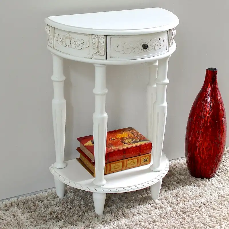 Hand-Carved Half Moon Console Table with Antique White Finish