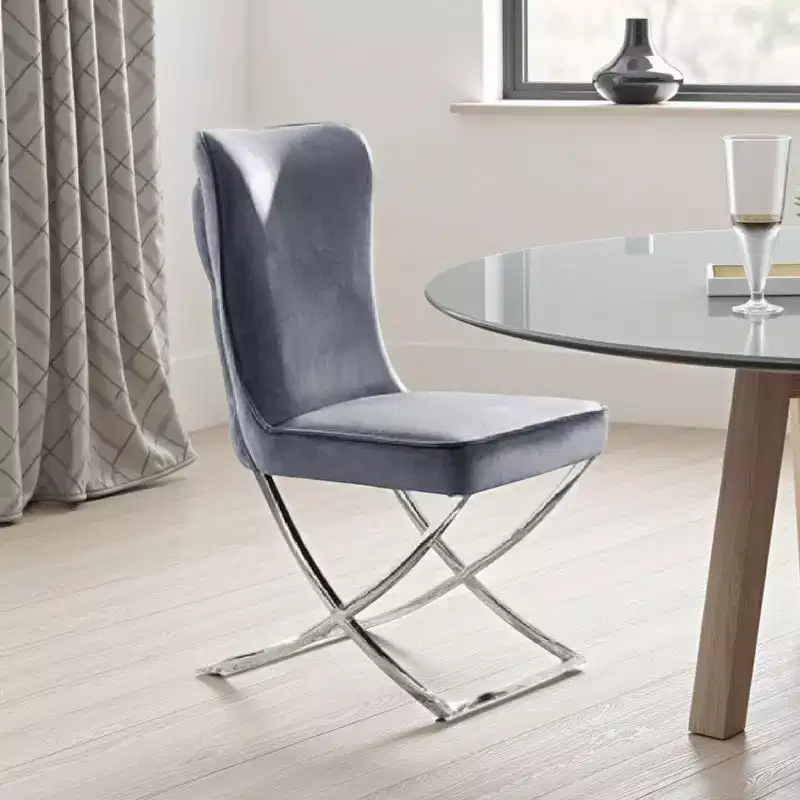 Royal Hampton Side Dining Chair Set of 2, Chrome Metal, Gray Button Tufted Velvet