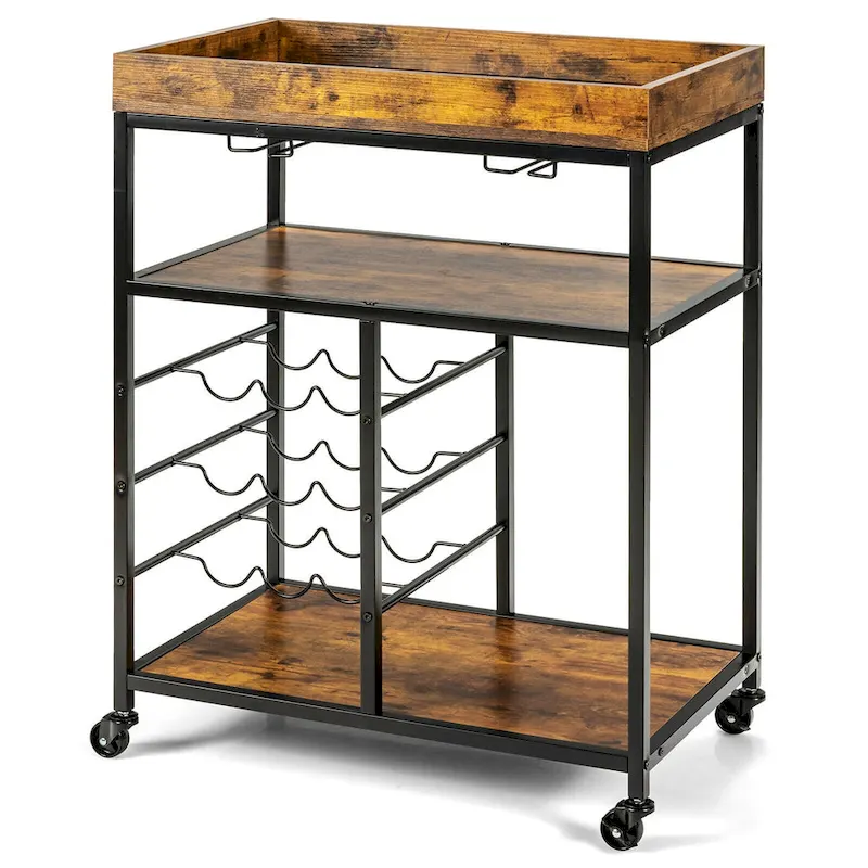 Gymax 3-Tier Rolling Kitchen Serving Cart Utility Trolley w/ Wine - See Details