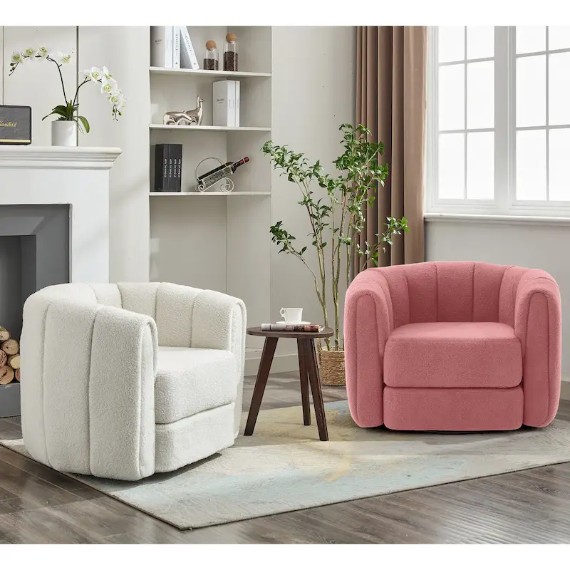 Swivel Barrel Accent Chair – Pink / Green, Teddy Fabric, Single Seat
