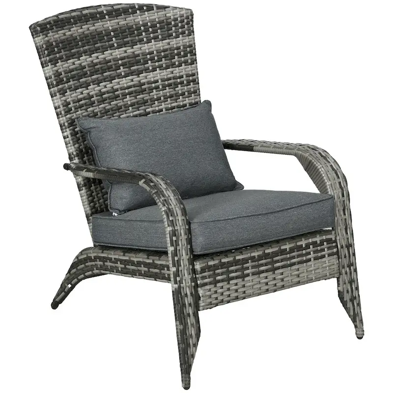 Patio Wicker Adirondack Chair, All-Weather Rattan Fire Pit Chair Soft Cushions, Tall Curved Backrest and Armrests