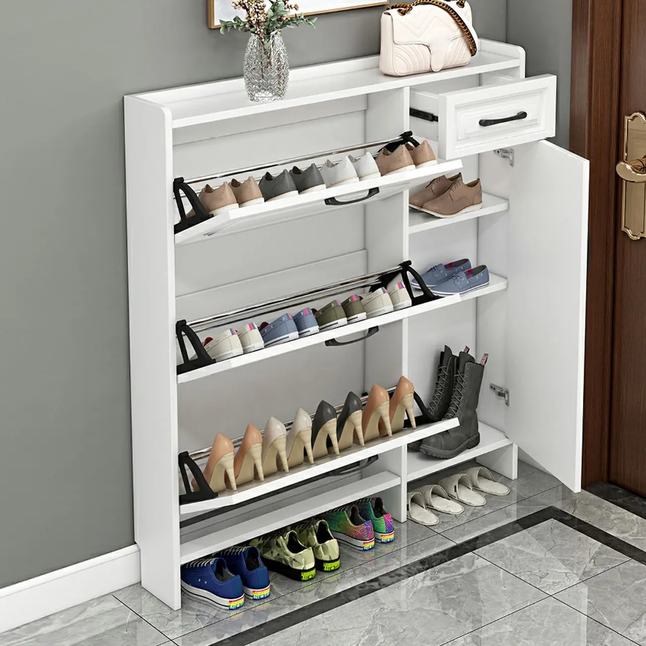 Entryway White Wooden Narrow Shoe Storage Cabinet