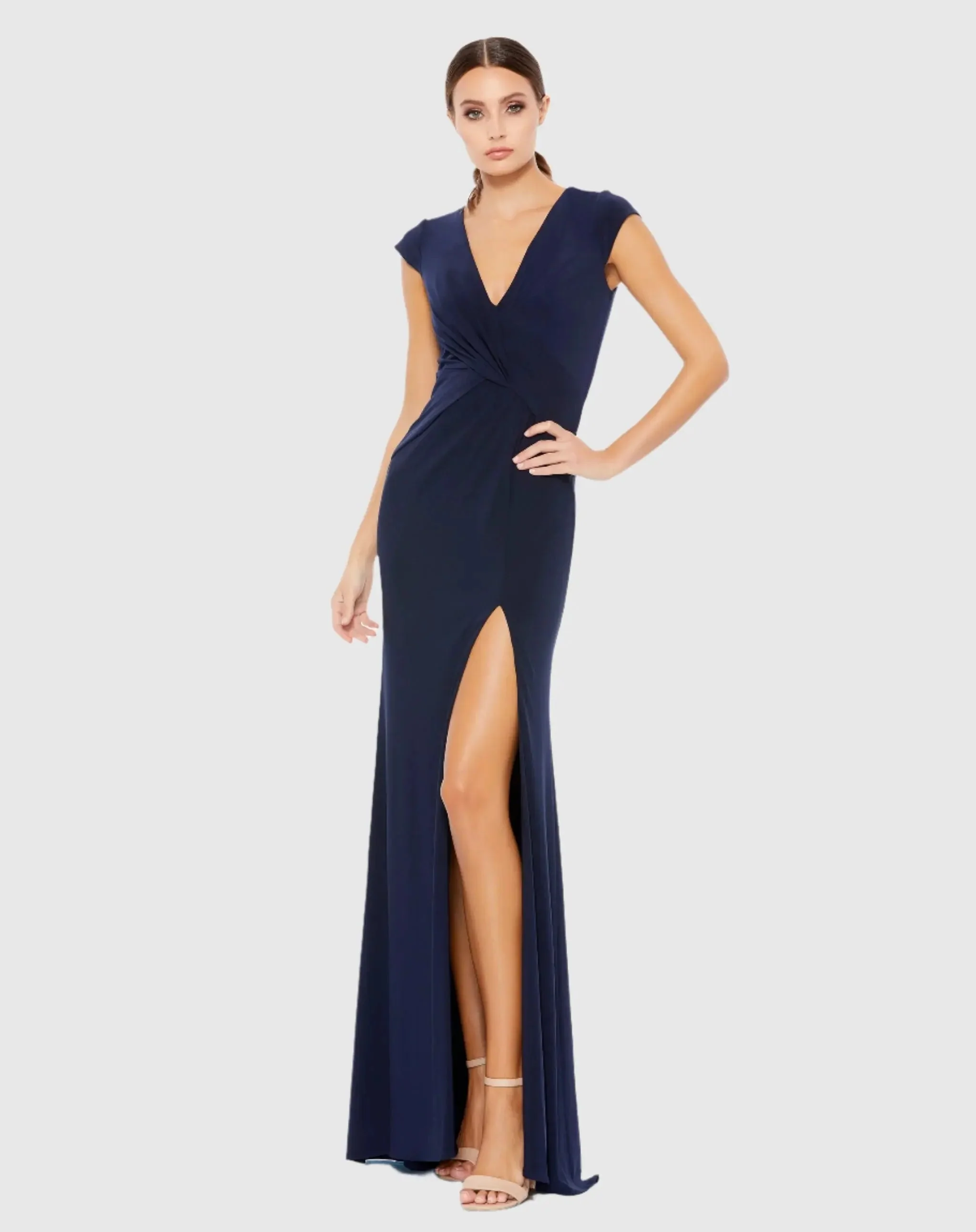 Navy V-Neck Ruched Jersey Gown
