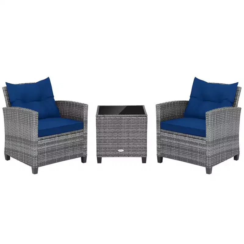 Costway 3PCS Patio Rattan Furniture Bistro Set Cushioned Sofas Side Table Armrest Red/Grey/Navy/Turquoise/Black
