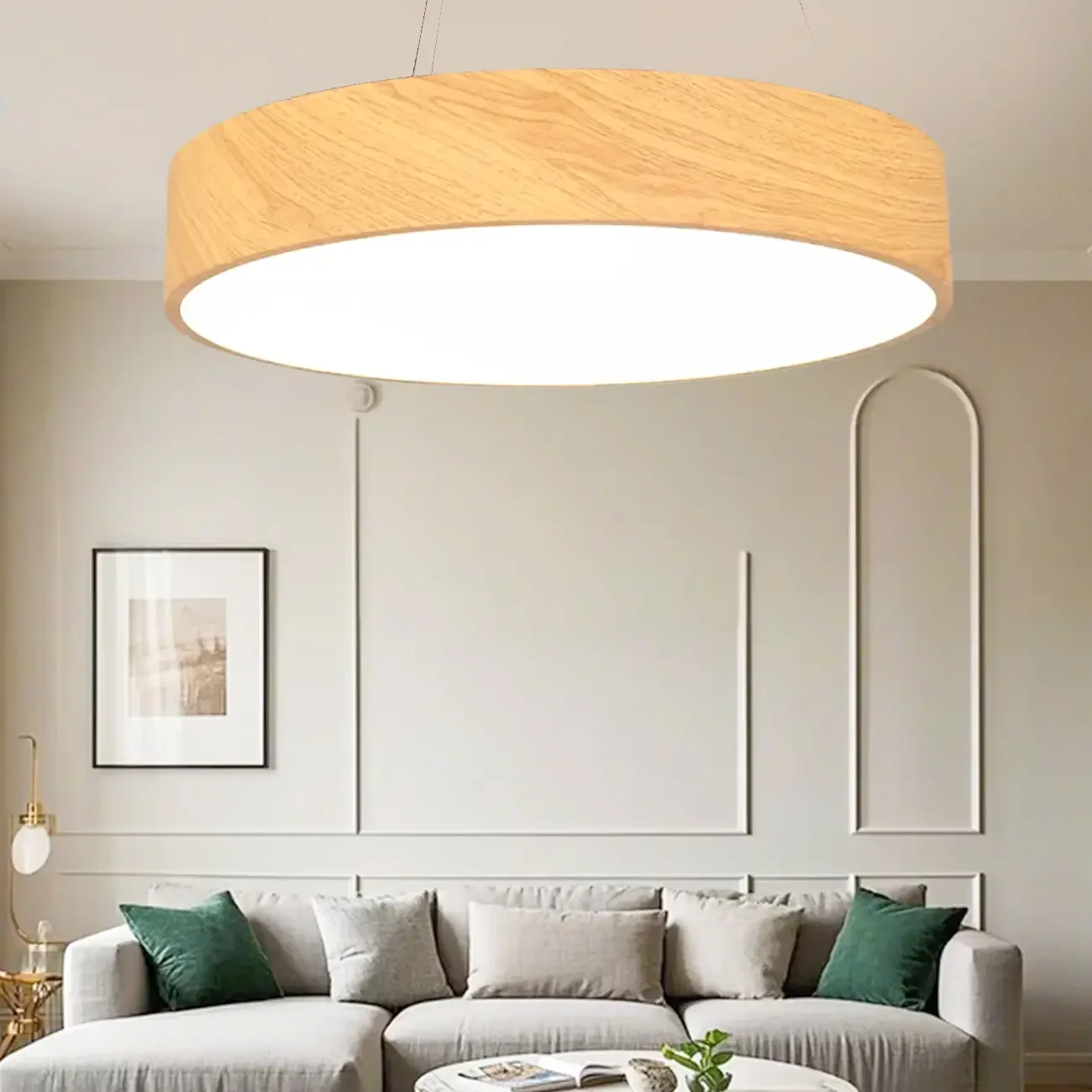 Modern Circular Wood LED Chandelier with Adjustable Height