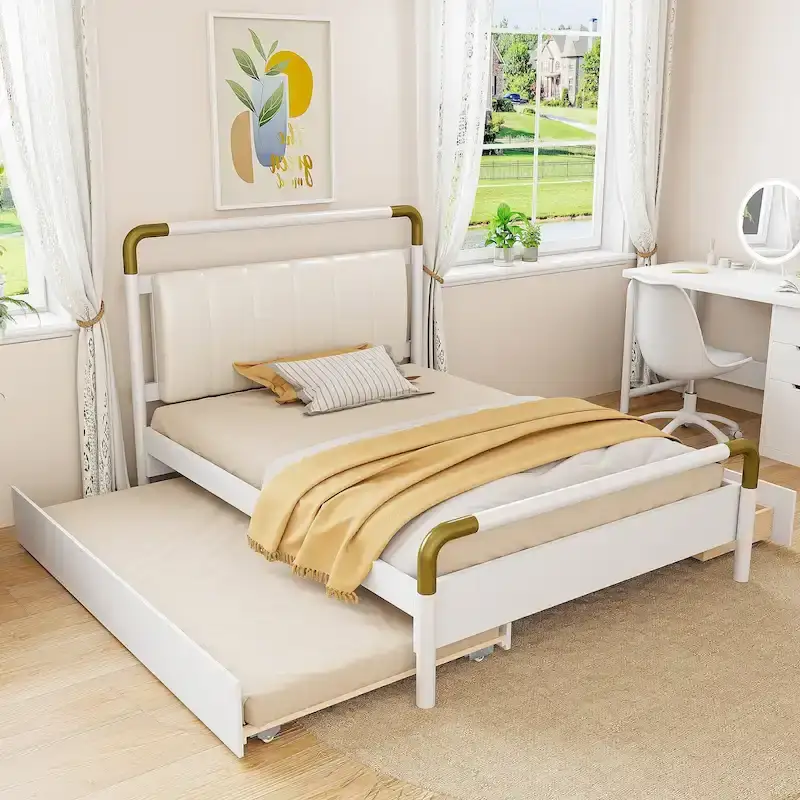 White Canopy Queen Platform Bed with Drawers & Twin Trundle, Sleeps 2