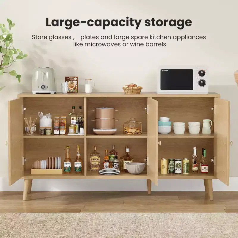 PexFix Side Panel Cabinet With 3 Rattan Doors Kitchen Storage Cabinet Modern Adjustable Legs
