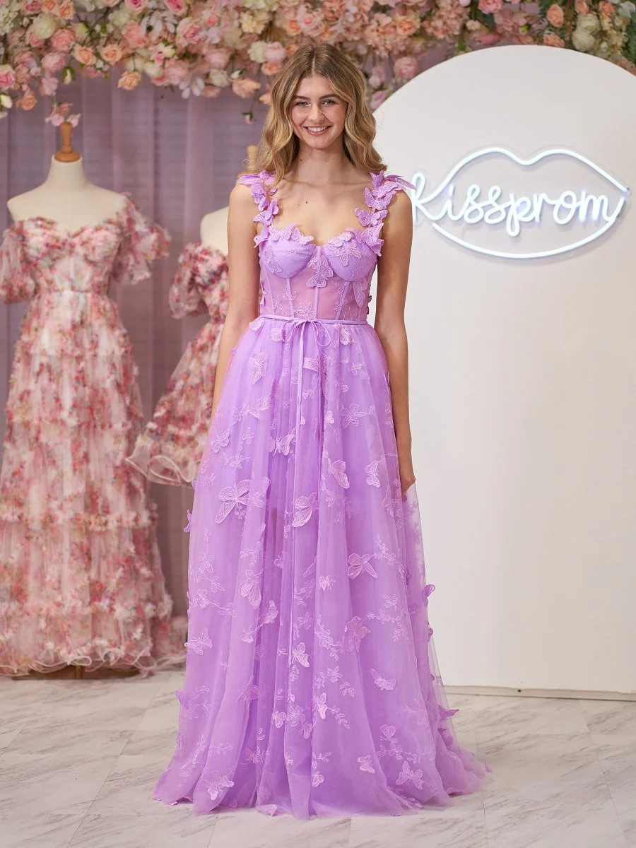 Lilac A-line Butterfly Lace Lilac Corset Prom Dress with Slit