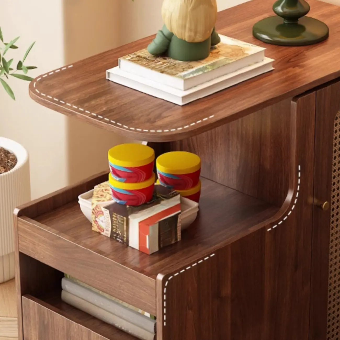 Rotating Brown Wood Rectangle Wheeled Side Table with Drawer