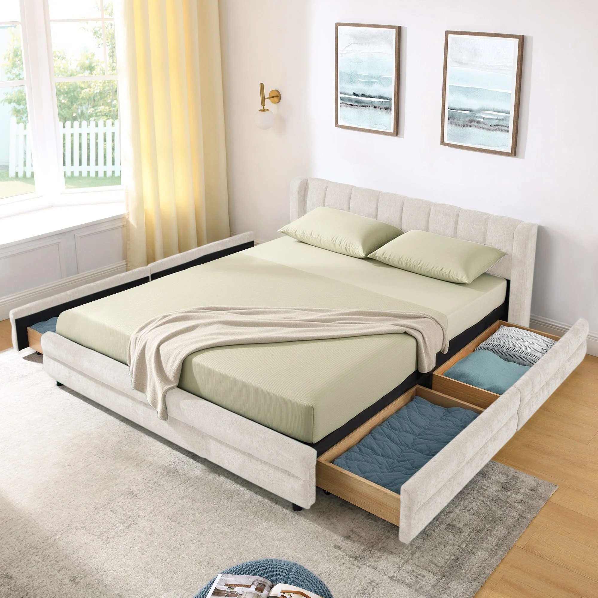 Chenille Upholstered Queen Size Upholstered Bedframe with Drawers