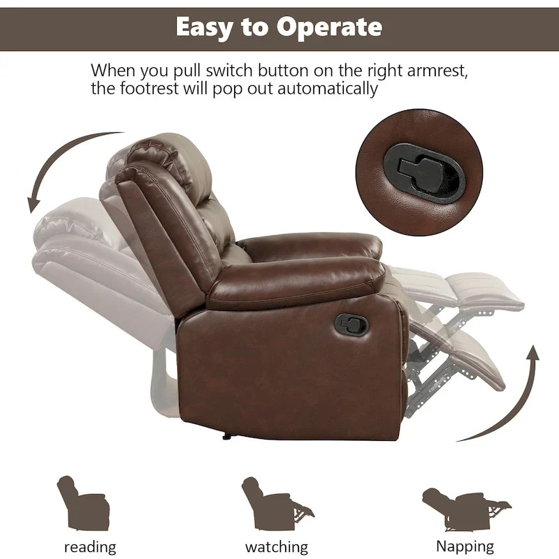 Breathable PU Leather Manual Recliner Chair with Overstuffed Arm and Back