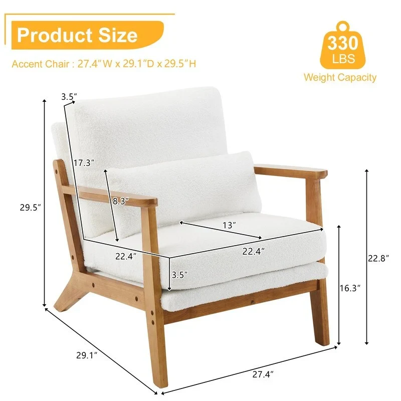 Upholstered Linen Blend Accent Chair with Wooden Legs and Pillow, Beige