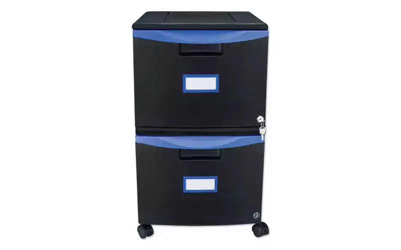 Storex Two-Drawer Mobile Filing Cabinet, 2 Legal/Letter-Size File Drawers, Black/Blue, 14.75 x 18.25 x 26