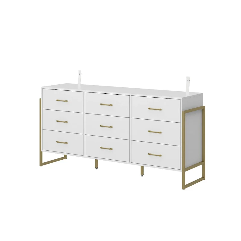 61.4 W Modern Black Dresser with 9 Spacious Drawers - Gold Handles