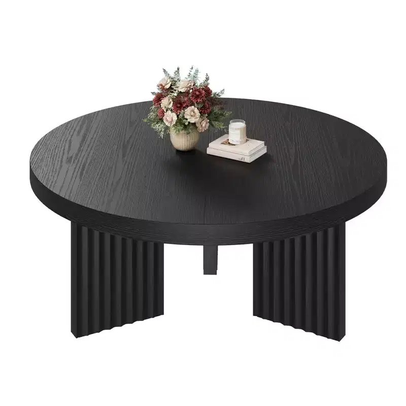 33.5'' Modern Round Coffee Table, Wooden Center Table with Fluted Legs & 1.3 Thick Top, Sofa Side Table, Small Cocktail Table for Living Room, Brown