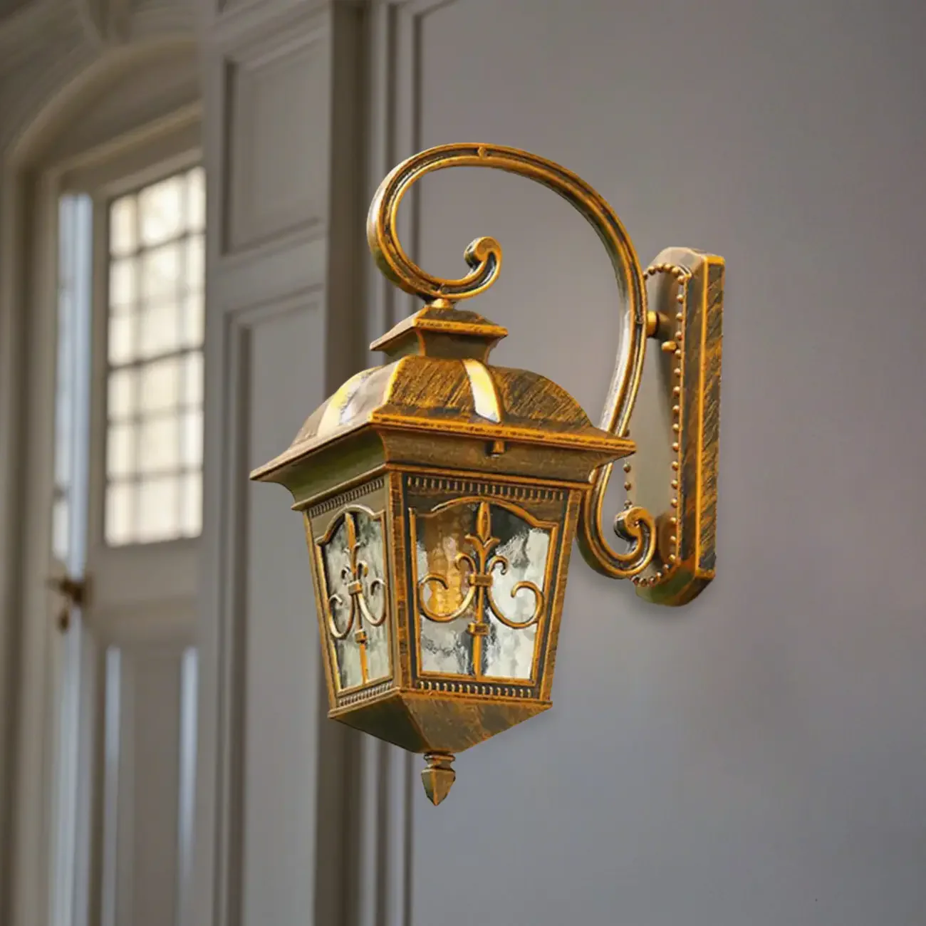 Vintage Bronze Lantern Wall Sconce with Curved Arm